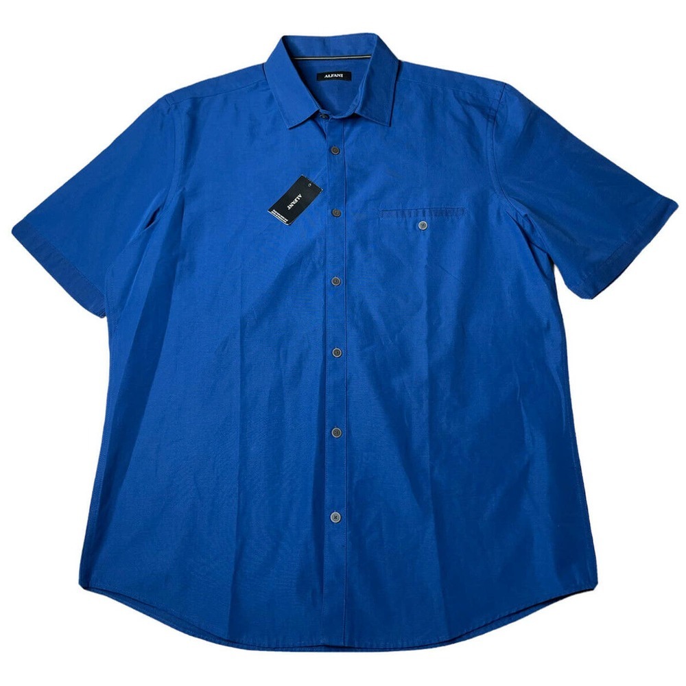 NEW Alfani Mens Hyper‎ Blue Short Sleeve Cotton Button Up Shirt 17131SSW Size L
